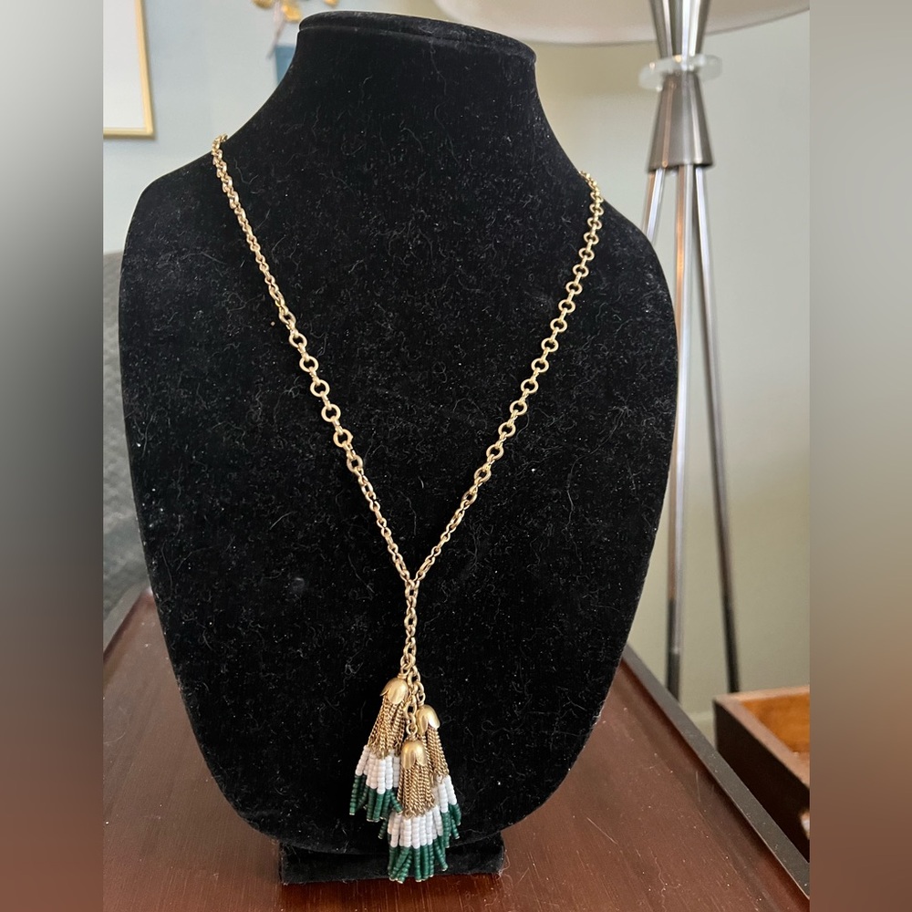 J Crew gold tone round chain tassels gold capped, white & green seed beads.
